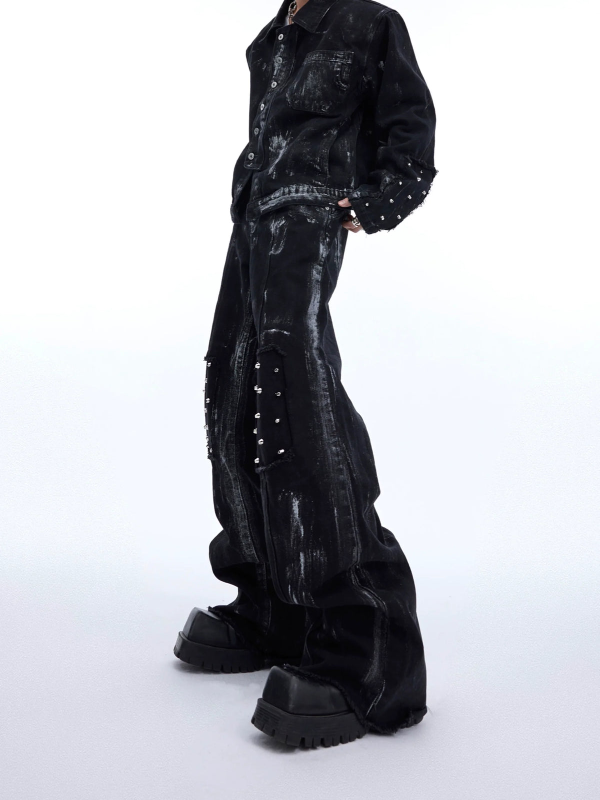 Metal Rivet Design Damage Denim Jacket & Damage Flare Denim Jeans Setup WN5059