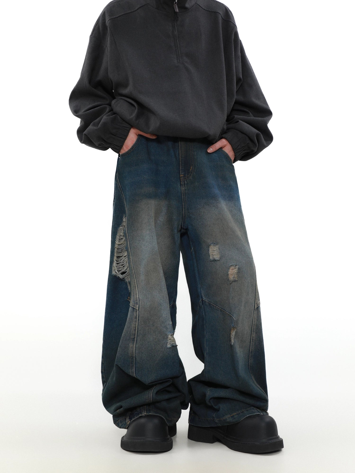 Damage Wide Leg Denim Jeans WN4068