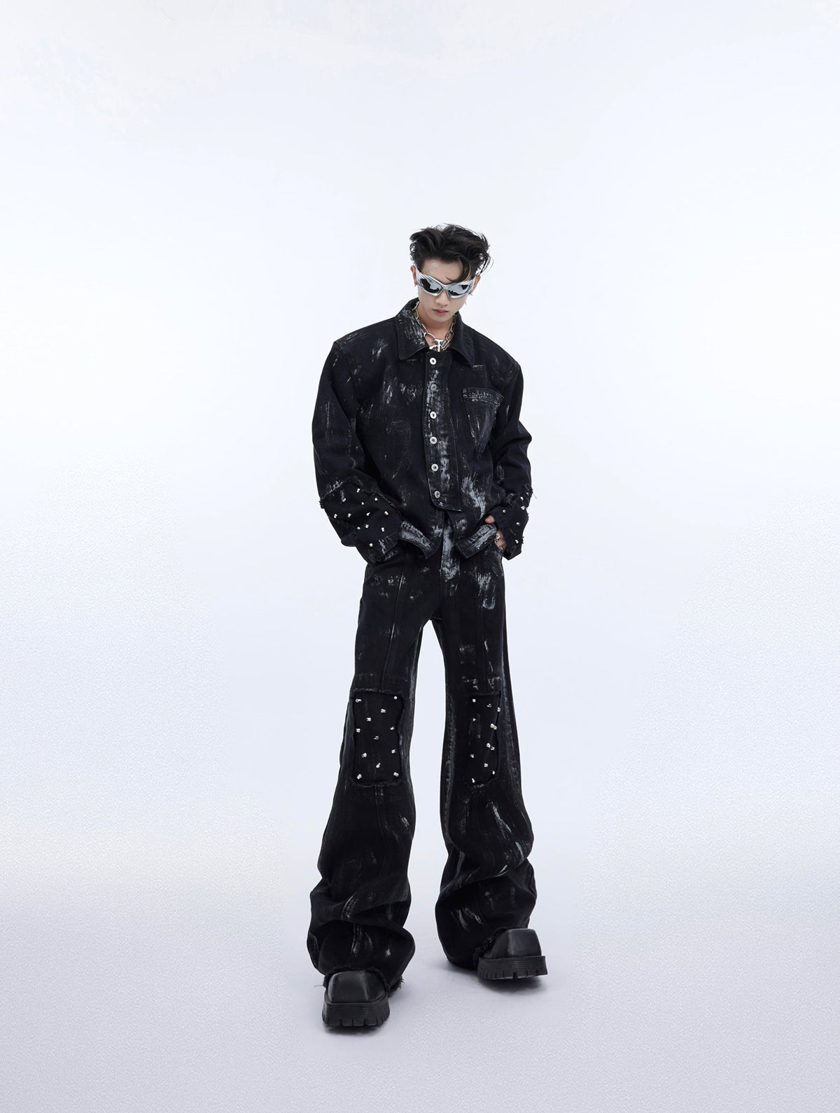 Metal Rivet Design Damage Denim Jacket & Damage Flare Denim Jeans Setup WN5059