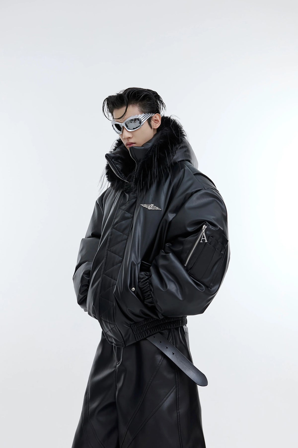 Faux Fur Patchwork PU Leather Hooded Short Puffer Jacket WN9852