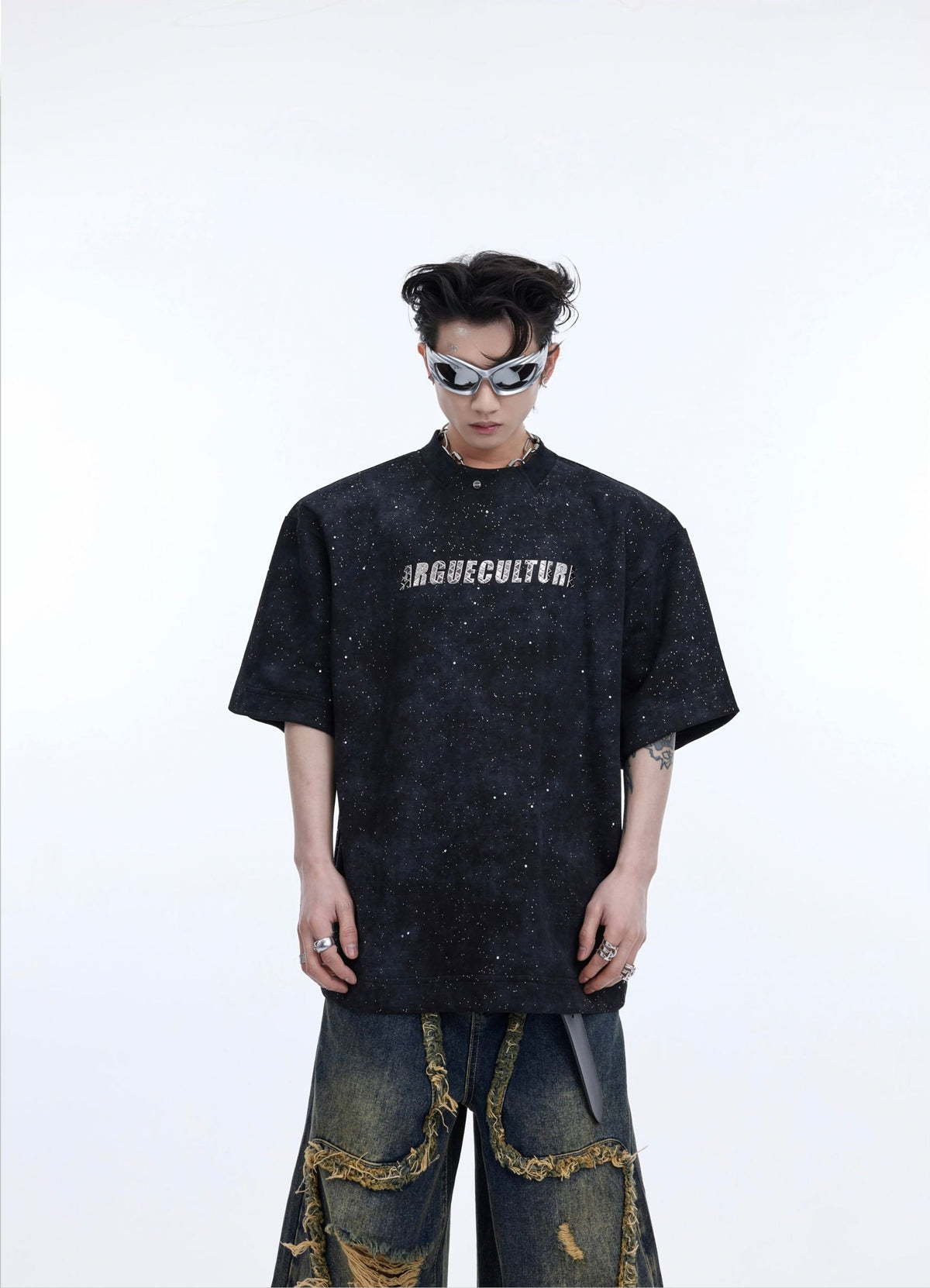 Fine Flash Design Shoulder Pad Short Sleeve T-Shirt WN5062