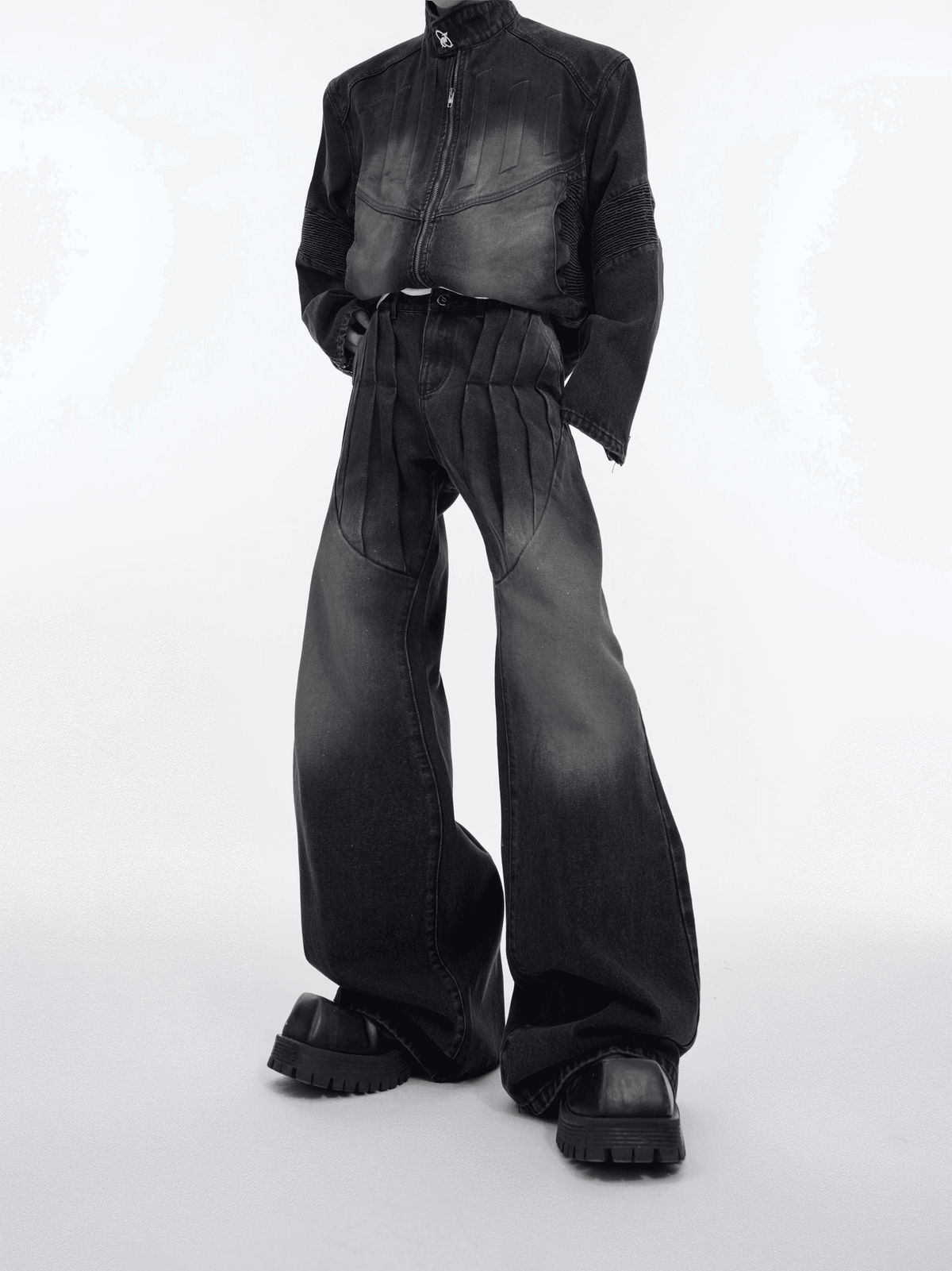 Washed Standing-collar Denim Jacket & Wide-leg Denim Jeans Setup WN3996