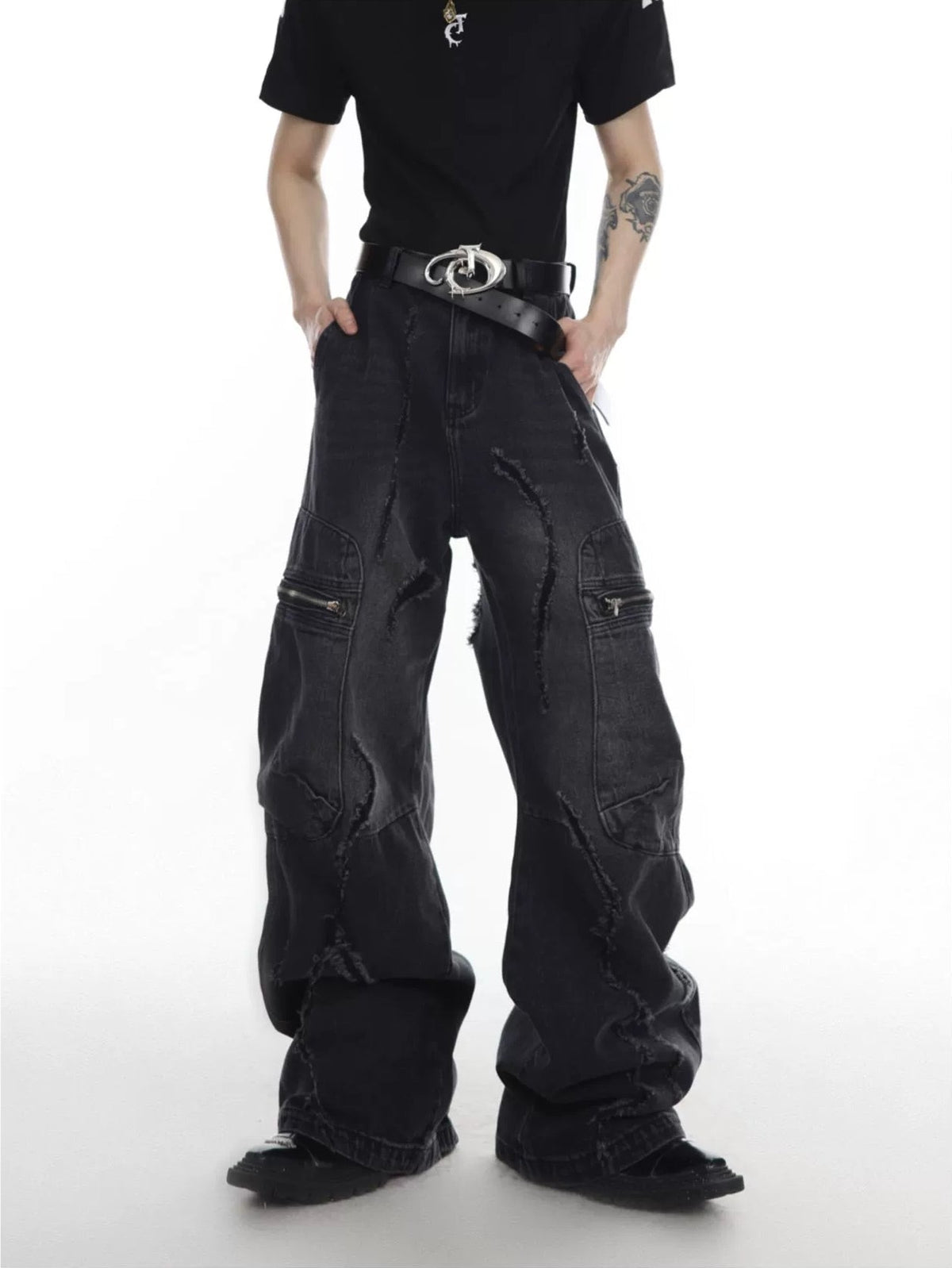 Wide-leg Zipper Design Damage Denim Jeans WN3021